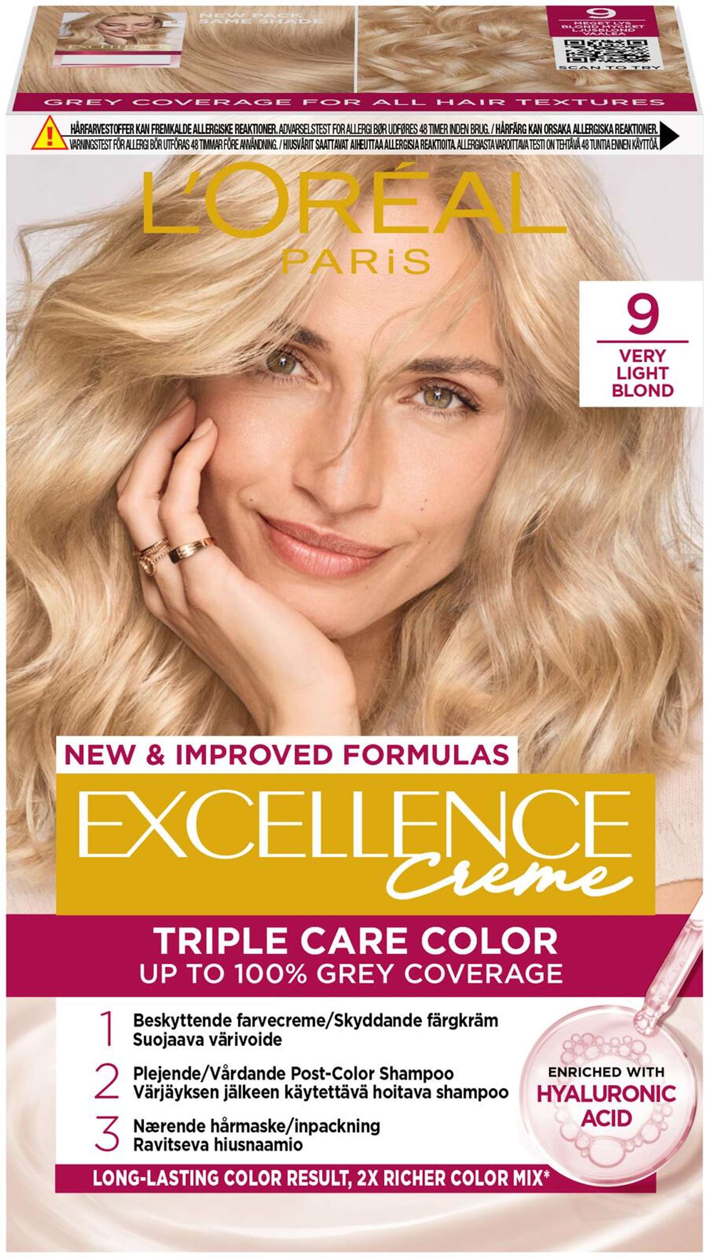 L'Oréal Paris Excellence Creme 9 Very Light Blonde Светлый перманентный цвет 1шт (цвет Очень Светлый Блондин)