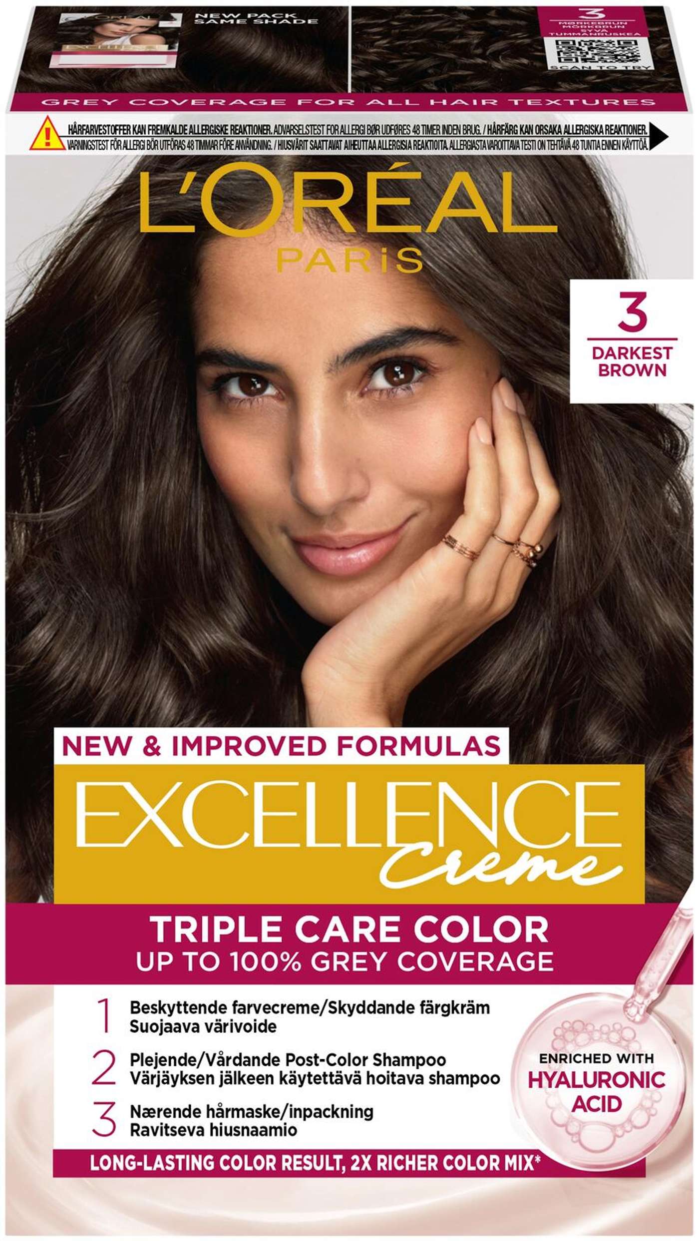 L'Oréal Paris Excellence Creme 3 Dark Brown Глубокий темно-коричневый перманентный цвет 1шт (цвет Темно-коричневый)