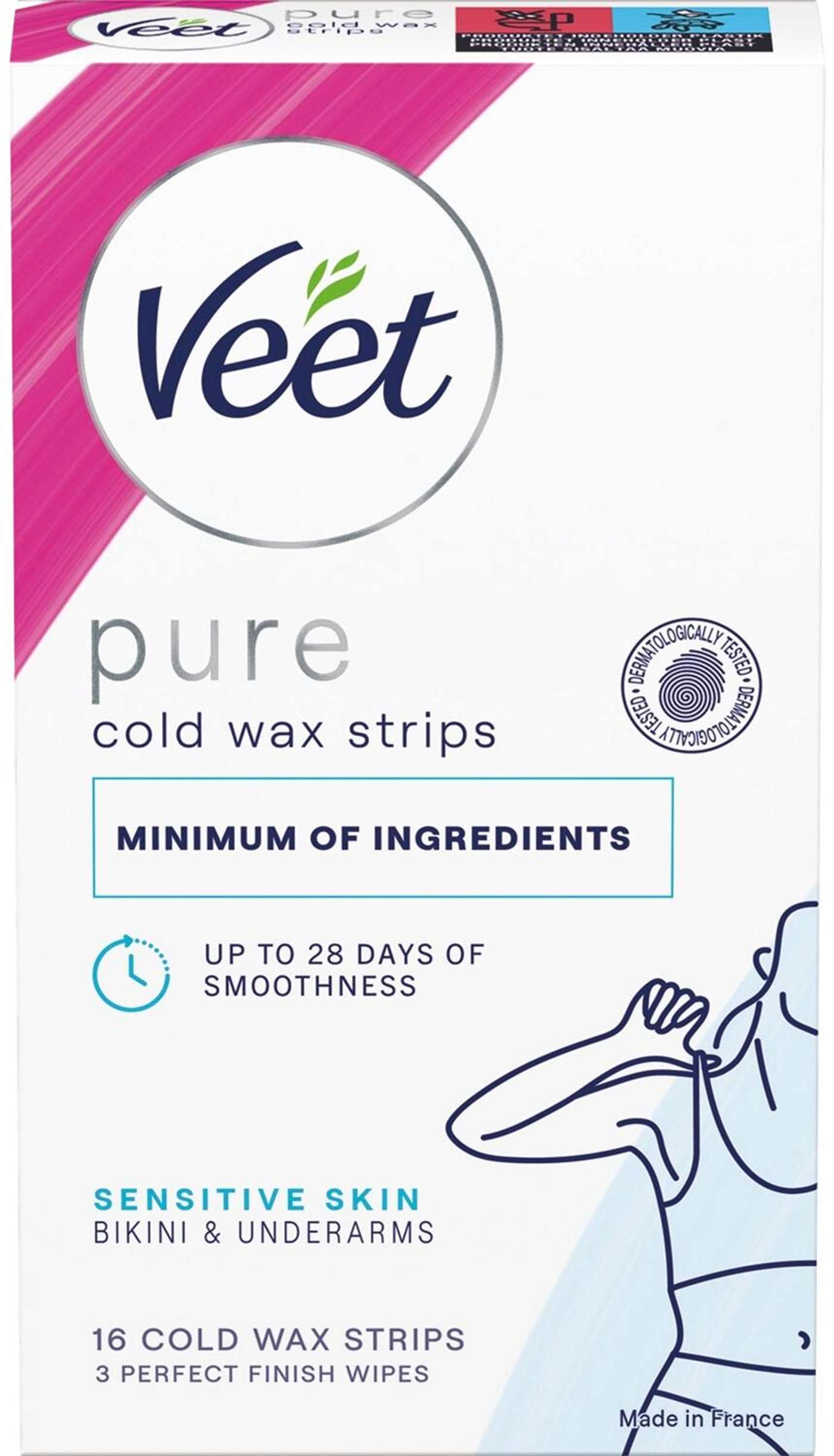 Полоски холодного воска Veet Pure для бикини и подмышек для чувствительной кожи, 16 шт.
