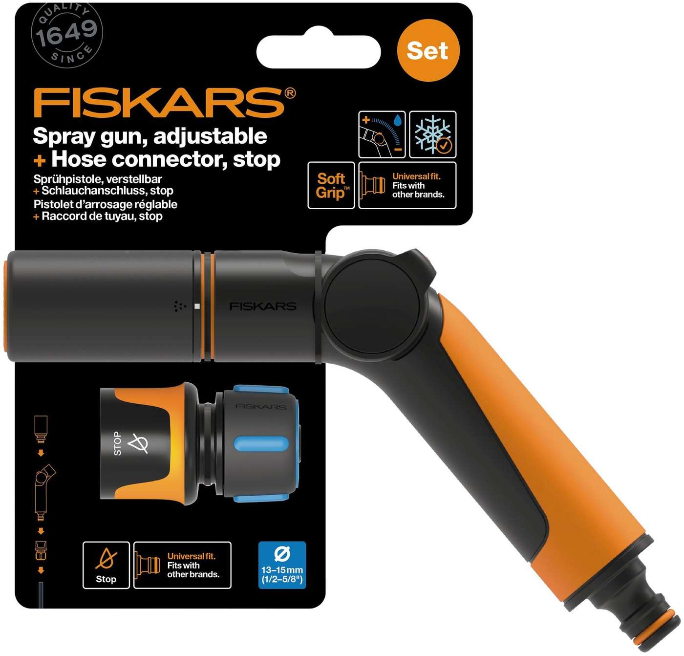 Регулируемый поливочный пистолет Fiskars + быстроразъемный соединитель STOP 13 мм