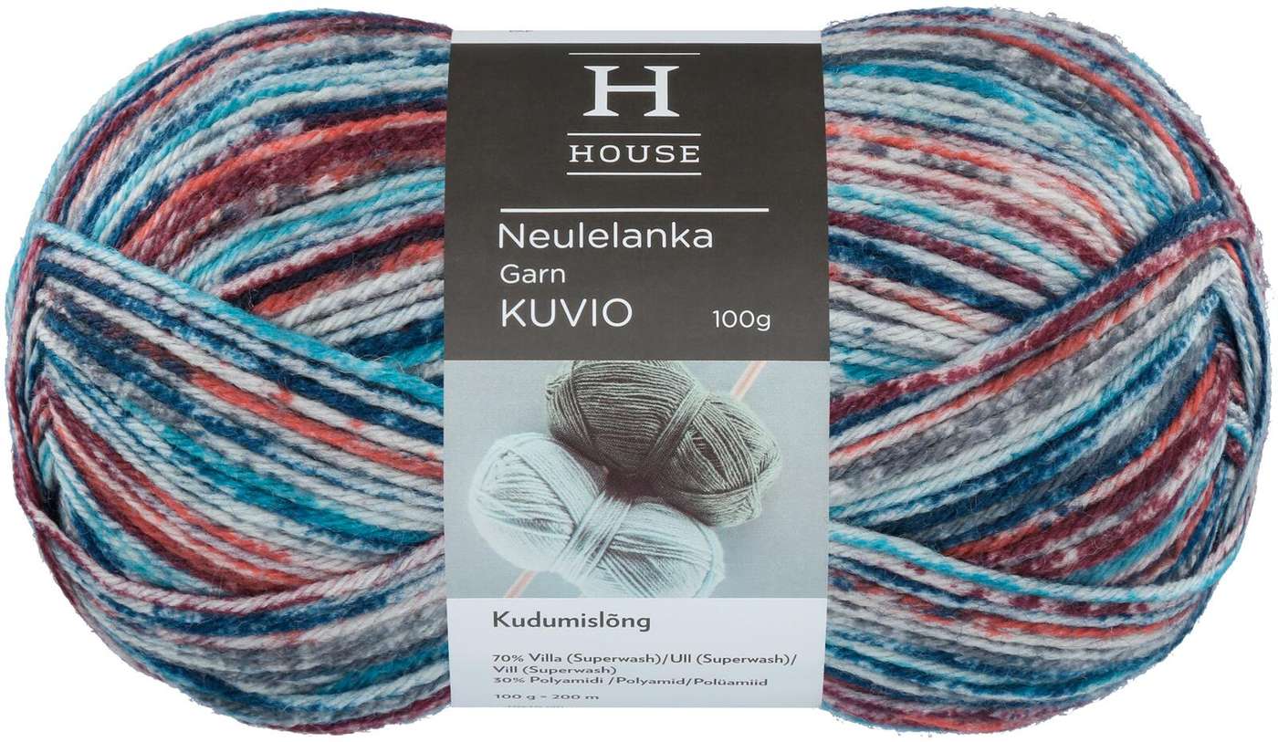 Домашняя пряжа смесовая шерсть Узор 100 г Синий / красный / серый 32198 (цвет синий / красный / серый)