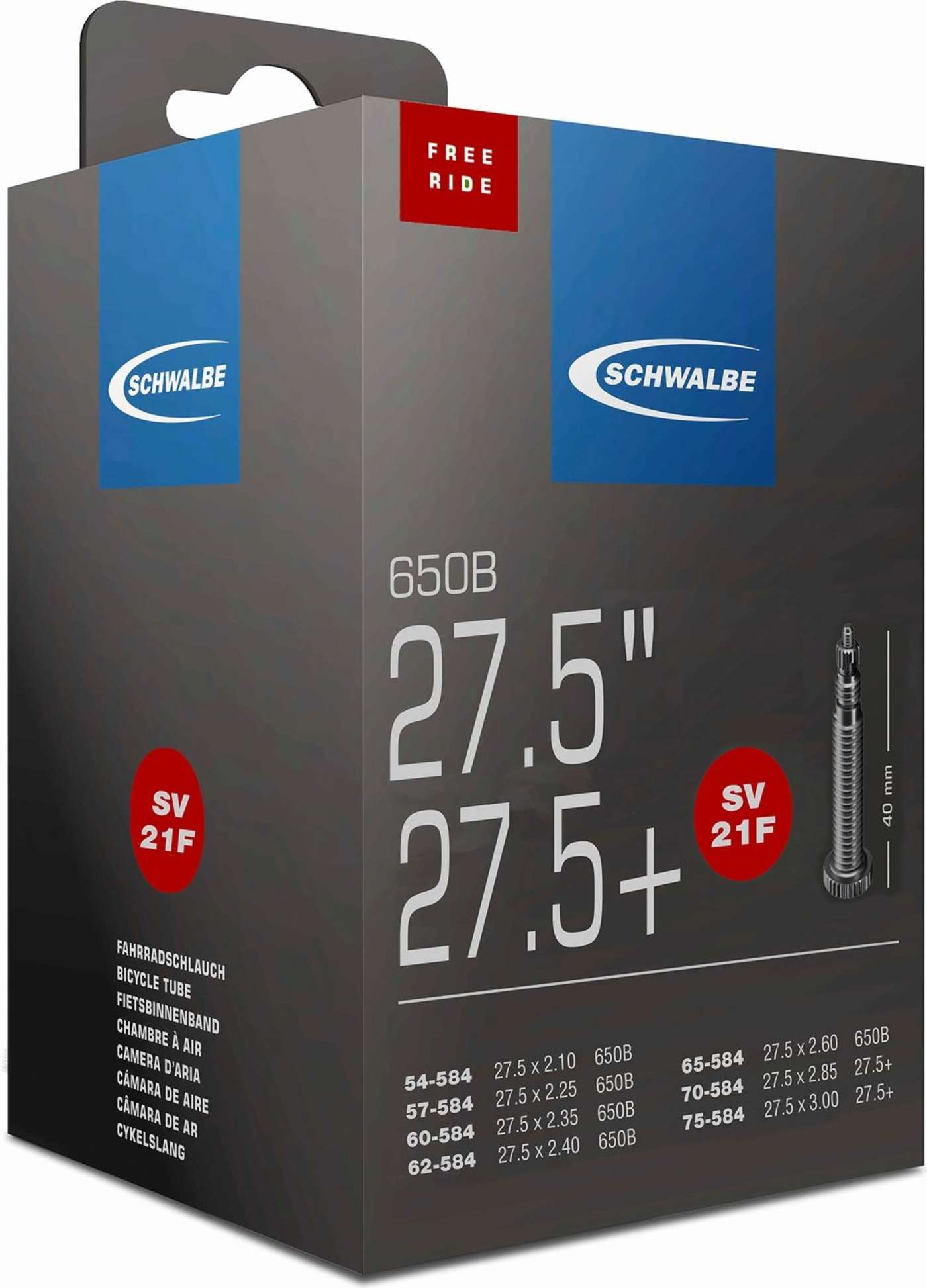 Велосипедная камера Schwalbe 27, 5" 57 / 75-584 sv21f 40 мм (цвет Черный)