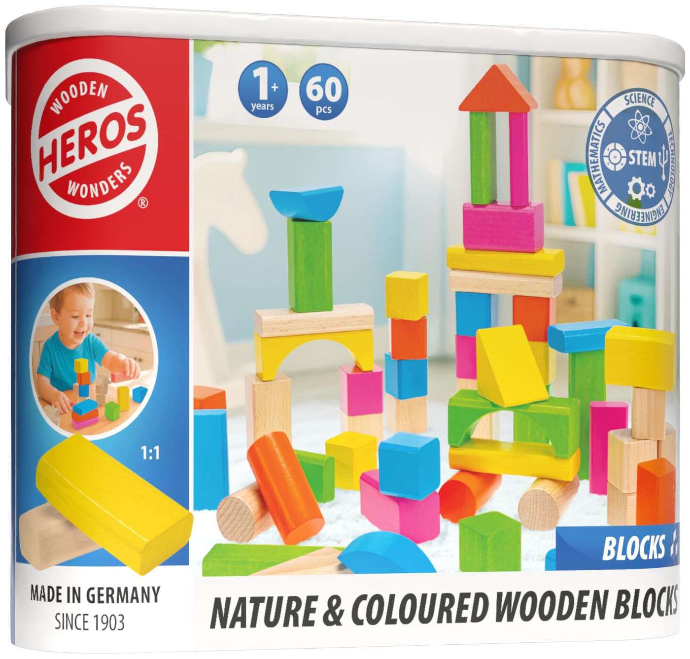 Строительный набор Heros Blocks Натуральные и красочные деревянные блоки, 60 деталей