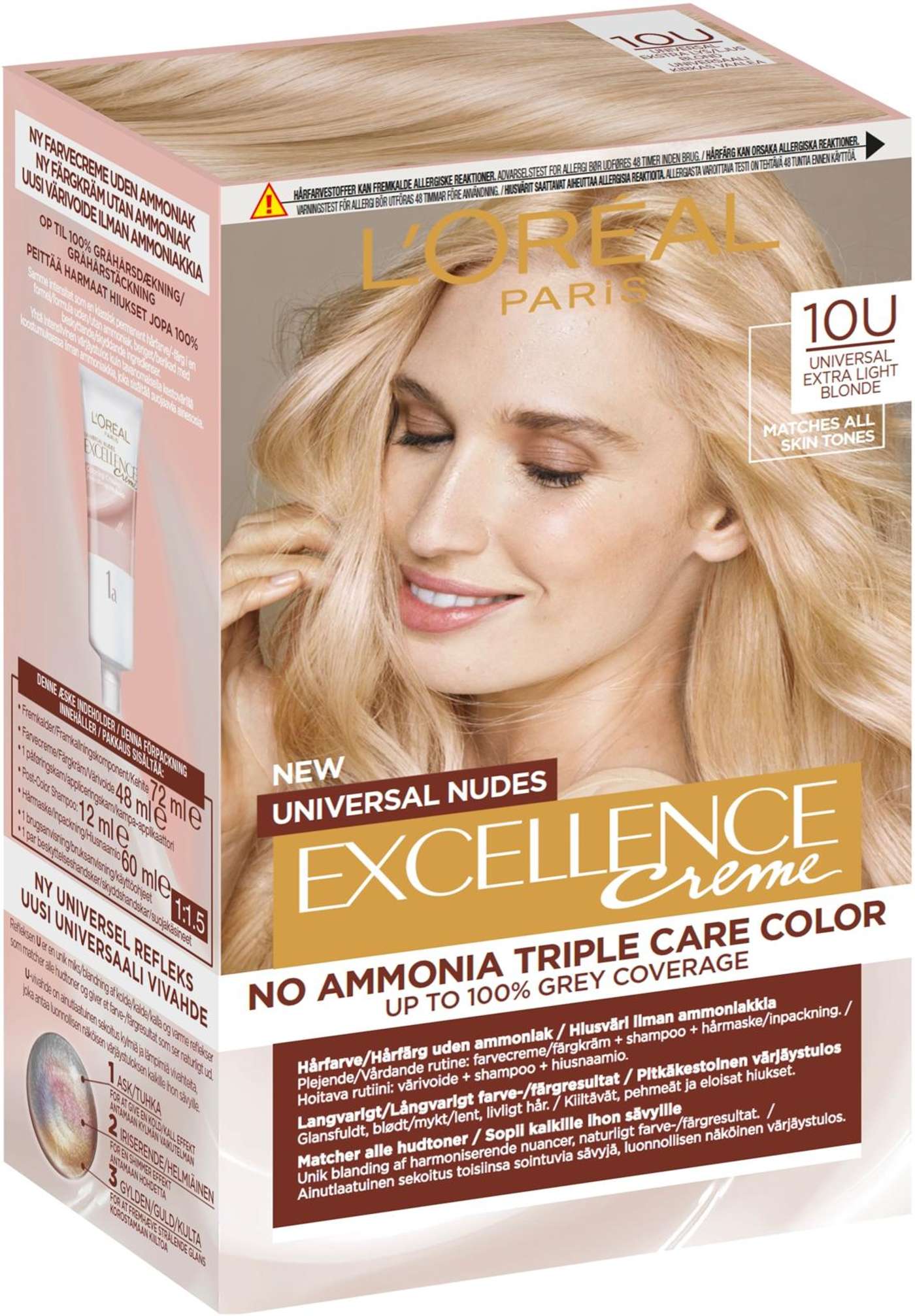L'Oréal Paris Excellence Creme Universal Nudes 10U Universal Самый светлый блондин перманентный цвет без аммиака 1шт (цвет очень яркая блондинка)