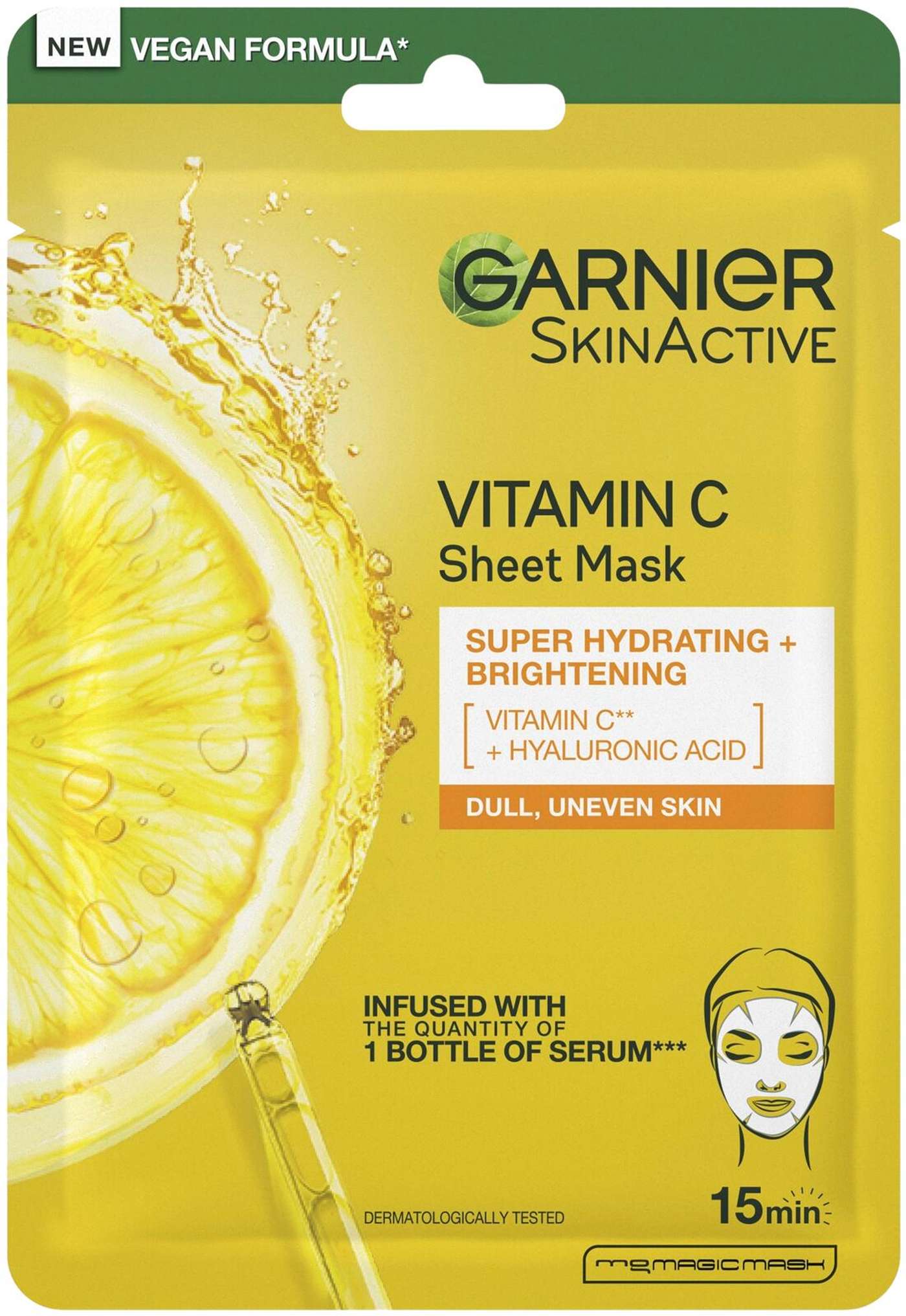 Garnier SkinActive Vitamin C тканевая маска Super увлажняющий + сияние увлажняющая и осветляющая тканевая маска 28 г