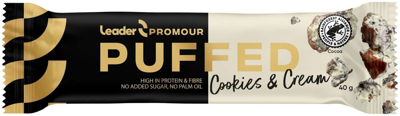 Протеиновый батончик Leader Promour Puffed Cookies & Cream со вкусом печенья и сливок, рисового шоколада, 40 г