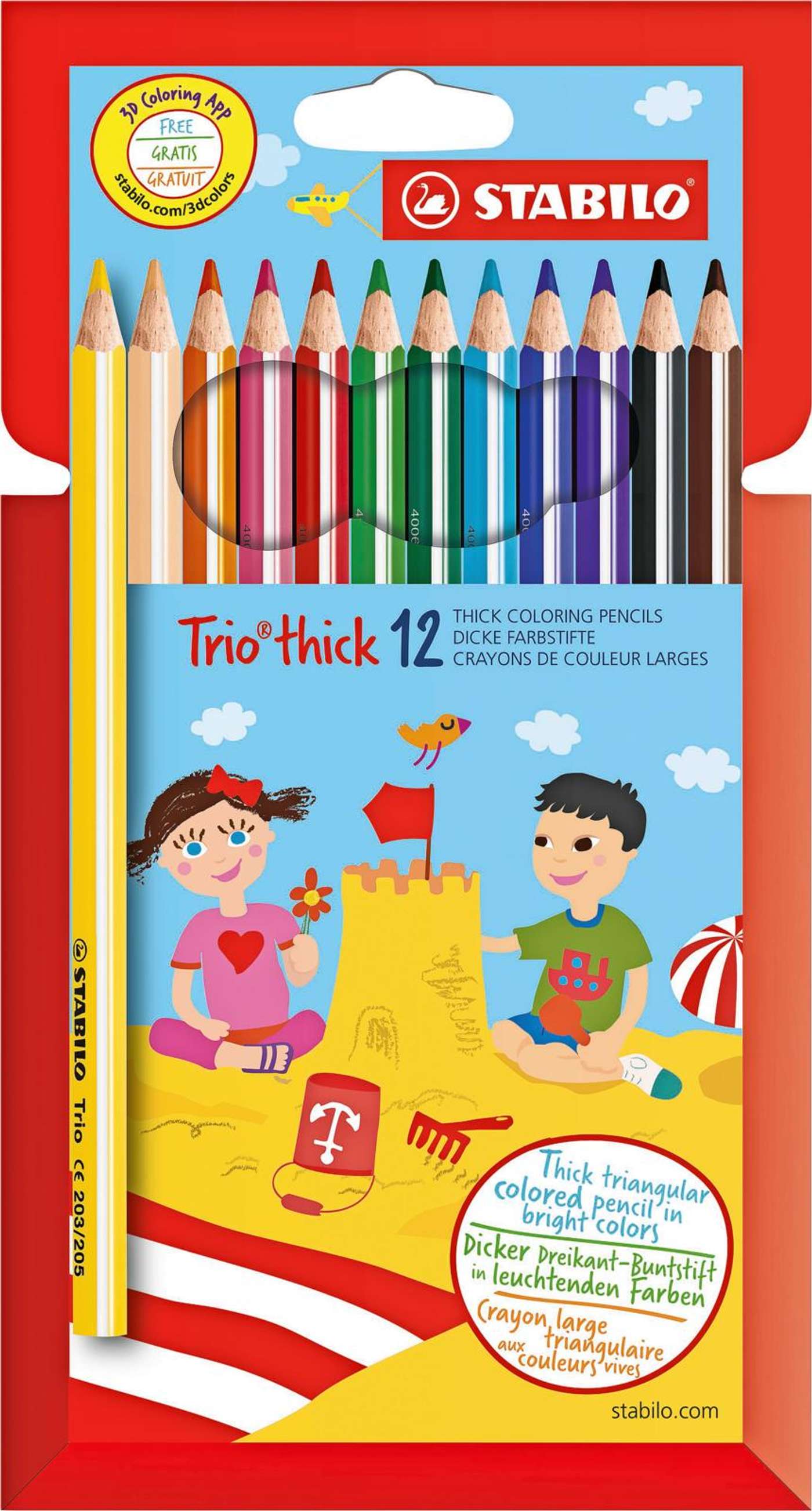 Деревянный карандаш Stabilo Trio, толстый, 12 цветов.