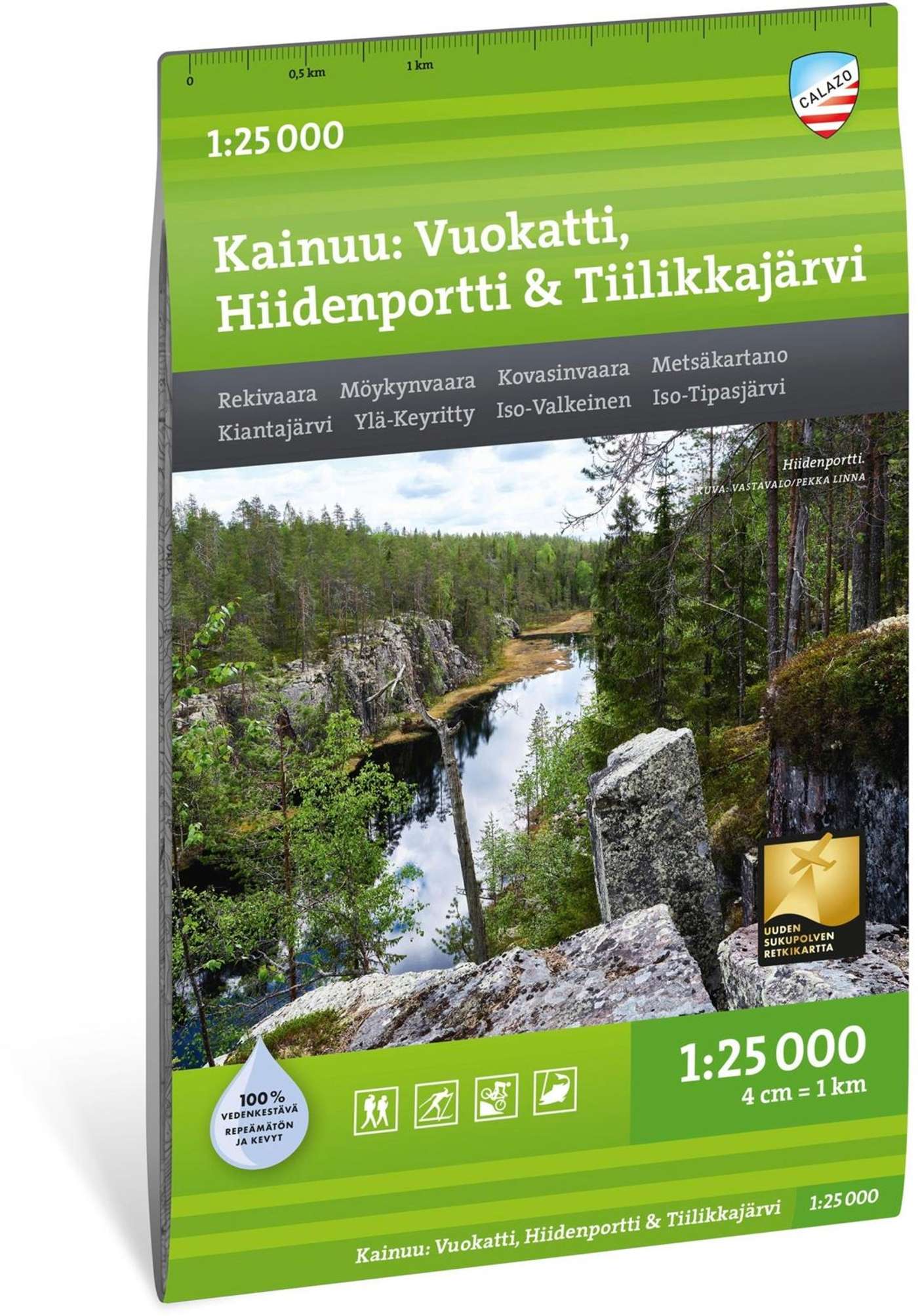 Кайнуу: Вуокатти, Хииденпортти, Тийликкаярви, водонепроницаемая карта кемпинга масштаба 1: 25 000